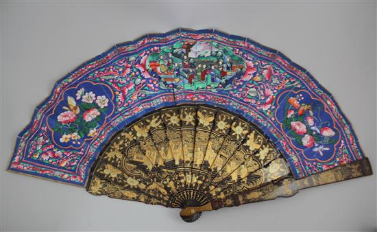 Two Chinese cased fans, 19th century, 20.5cm, both with gilt decorated black lacquer boxes